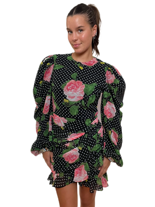 Richard Quinn Black Polka Dot Dress with Pink Roses & Crystal Cuffs. Size: 12