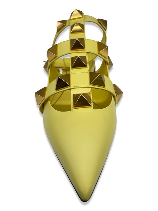 Valentino Garavani Yellow Rockstud Ankle Strap Flats. Size: 40