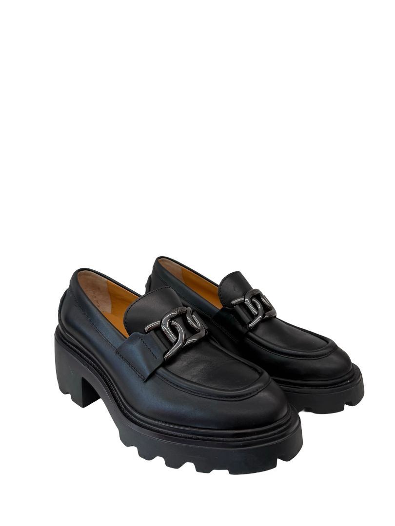 Tod's Black Leather Logo Buckle Loafers. Size: 36.5