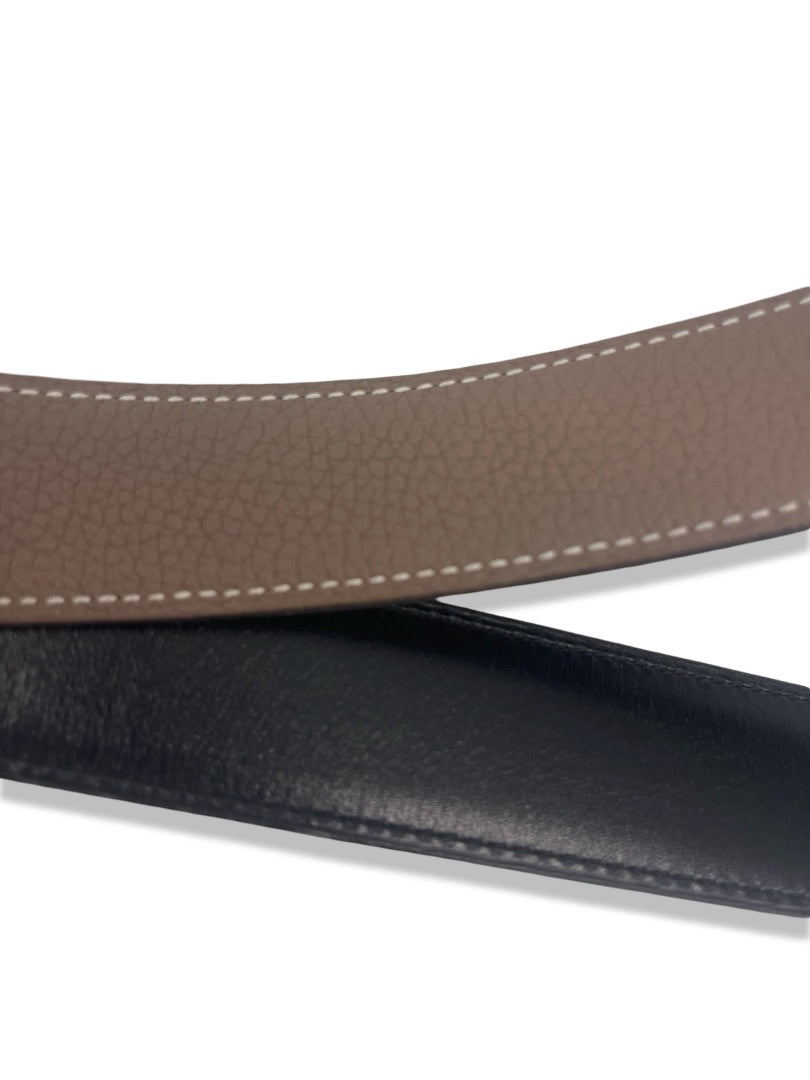 Hermes Brown / Black Reversible Belt W Silver Buckle. Size: 90cm