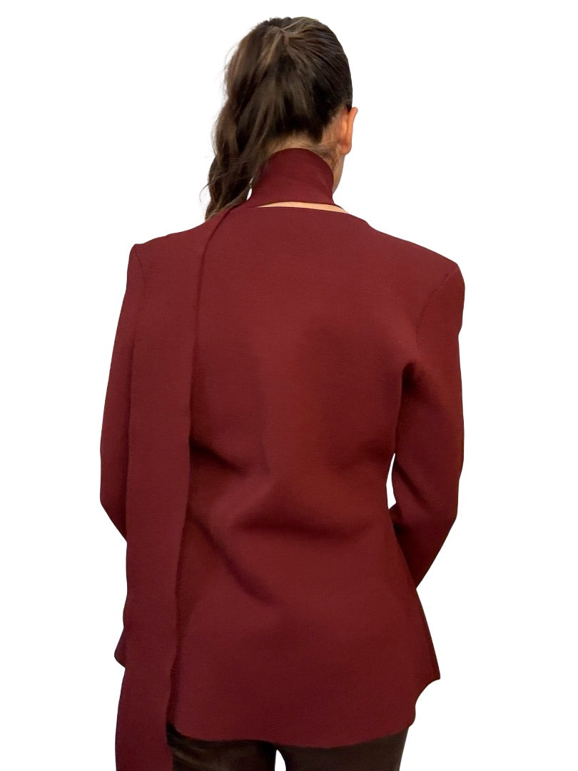 Scanlan Theodore Maroon Crepe Knit Zip Up Crew Neck Blouse. Size: L