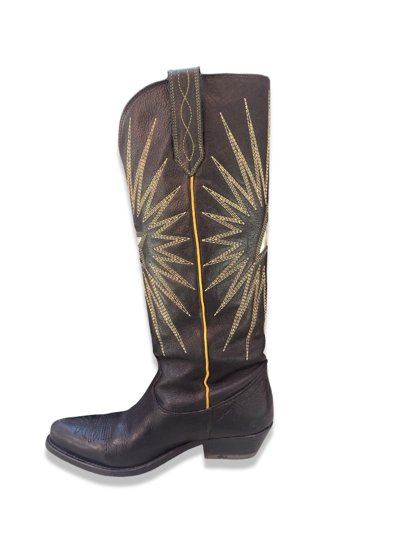 Golden Goose Black Wish Star Embroidered Distressed Leather Cowboy Boots. Size: 38