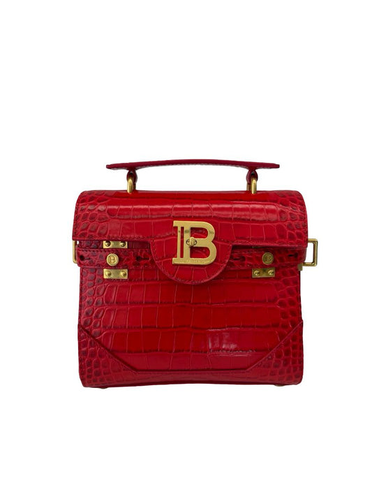 Balmain Red B-Buzz Croc Embossed Top Handle Bag.