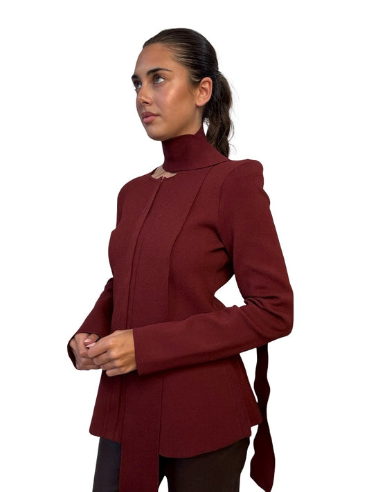 Scanlan Theodore Maroon Crepe Knit Zip Up Crew Neck Blouse. Size: L