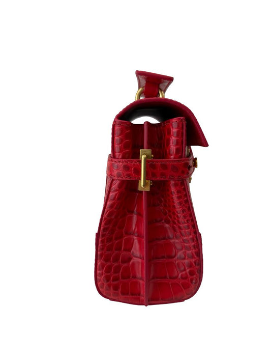 Balmain Red B-Buzz Croc Embossed Top Handle Bag.