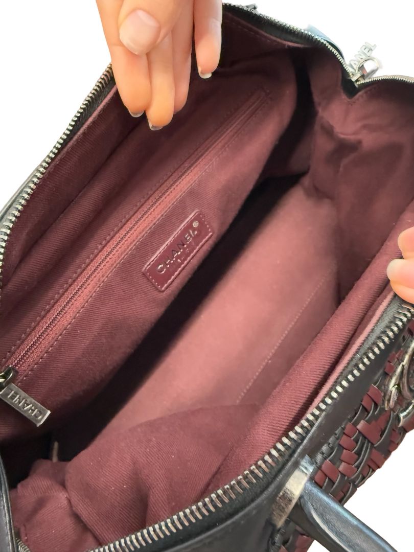 Chanel Black / Bordeaux Woven Leather Bowling Bag.