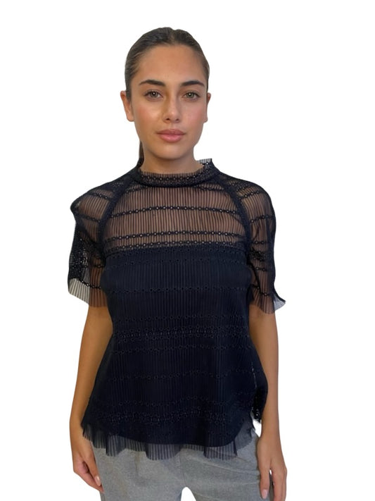 Scanlan Theodore Navy Embroidered Eyelet Micro Pleat Top. Size: 10