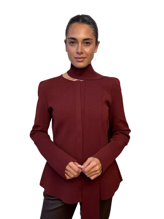 Scanlan Theodore Maroon Crepe Knit Zip Up Crew Neck Blouse. Size: L