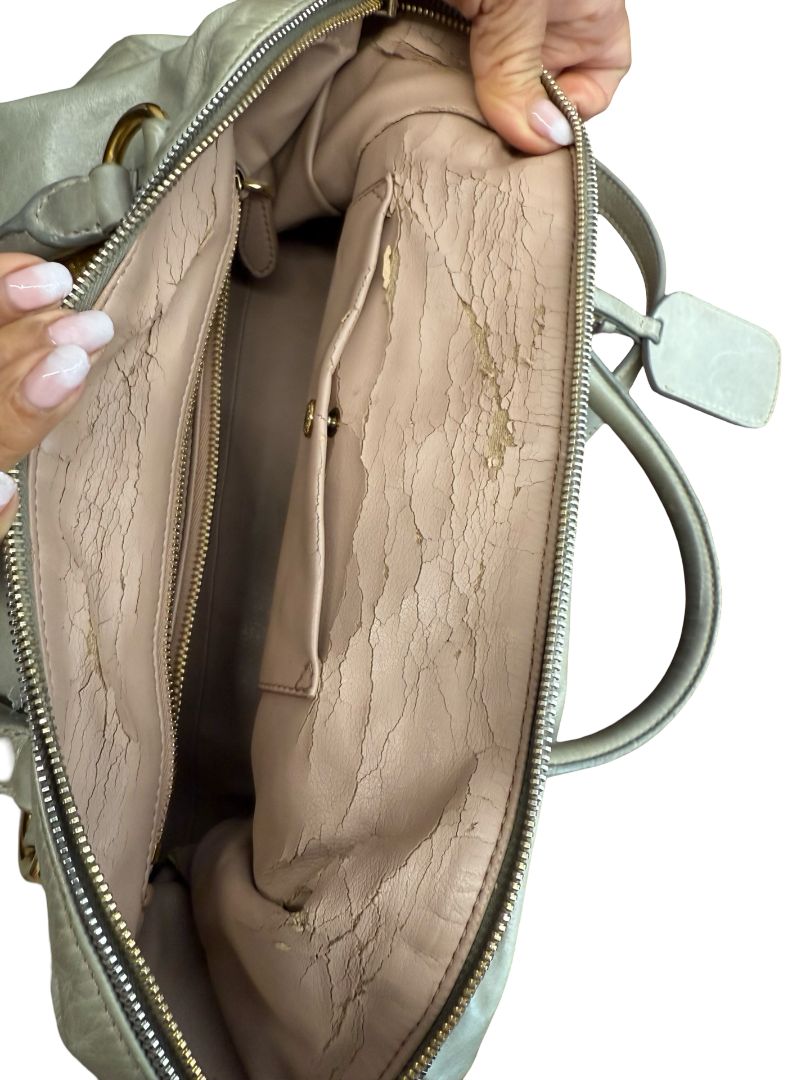 Prada Grey Vintage Leather Shoulder Tote Bag.