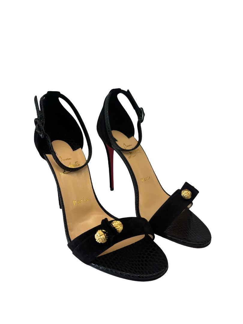 Christian Louboutin Black 100mm Mixed Leather Knit Sandal Heels. Size: 39