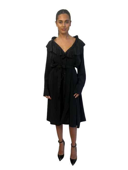 Scanlan Theodore Black Long Sleeve Button Up Dress w/ Frill Collar. Size: 12