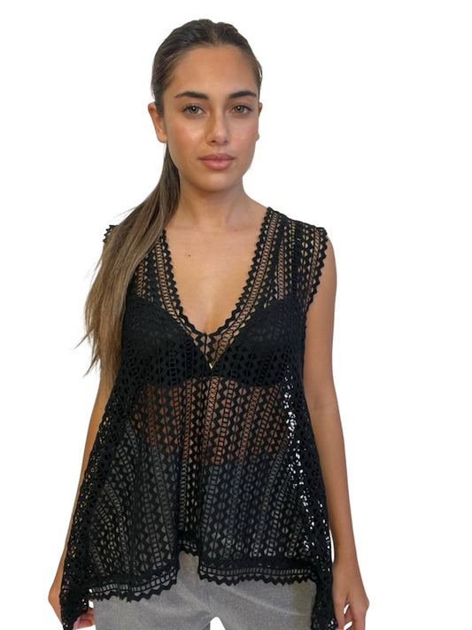 Scanlan Theodore Black Sleeveless Crochet-Look Top. Size: 8