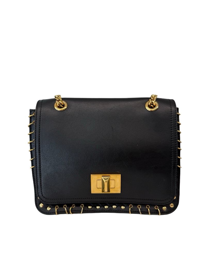Emilio Pucci Black Pierced Egde Gold Hardware Chain Crossbody Bag.