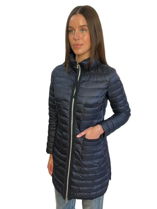 Moncler Navy 'Bogue' Long Puffer Jacket. Size: 1