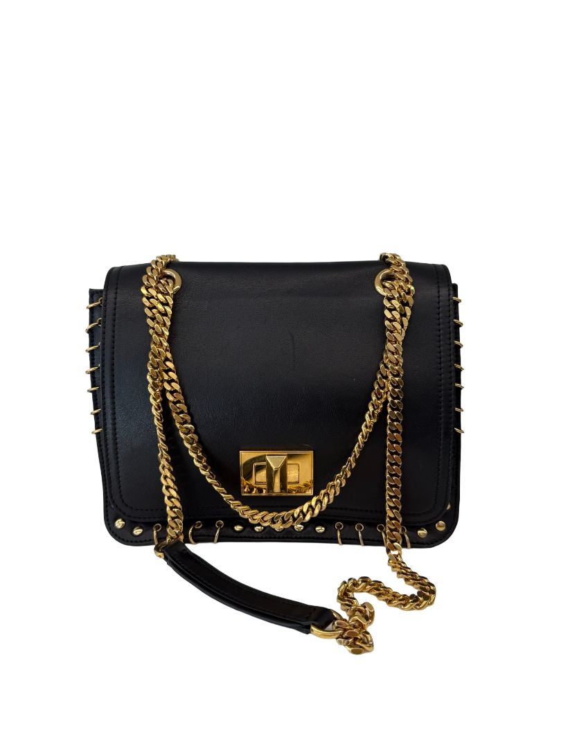 Emilio Pucci Black Pierced Egde Gold Hardware Chain Crossbody Bag.