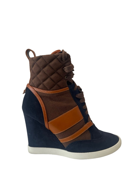 Chloe Navy / Brown/ Tan Suede Wedge Lace Up Sneaker Boots. Size: 39