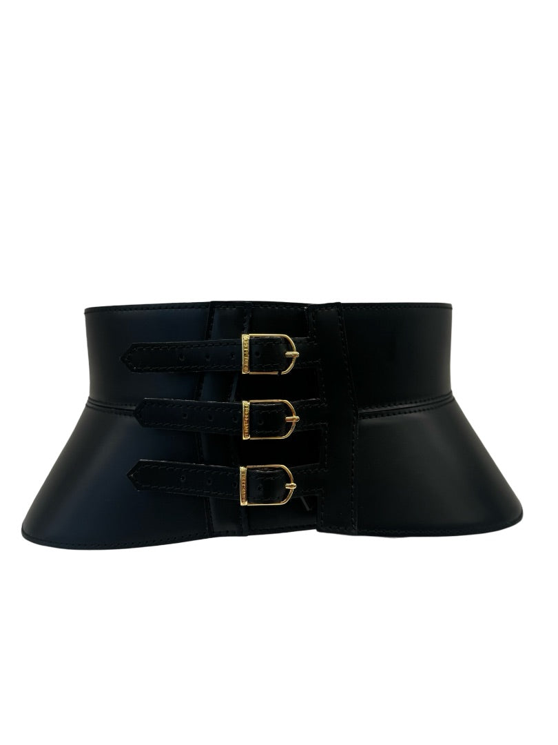Herve Leger Black Leather Waist Belt with Buckles. Size: S