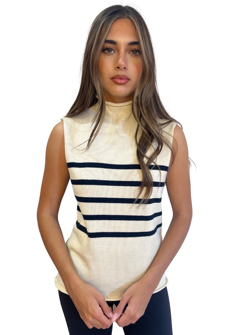 Weekend MaxMara Cream High Neck Sleeveless Knit Top w/ Stripes. Size: M