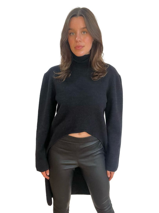 Dion Lee Black Wool Mock Neck Long Dress w Circular Cut-Out. Size: 10