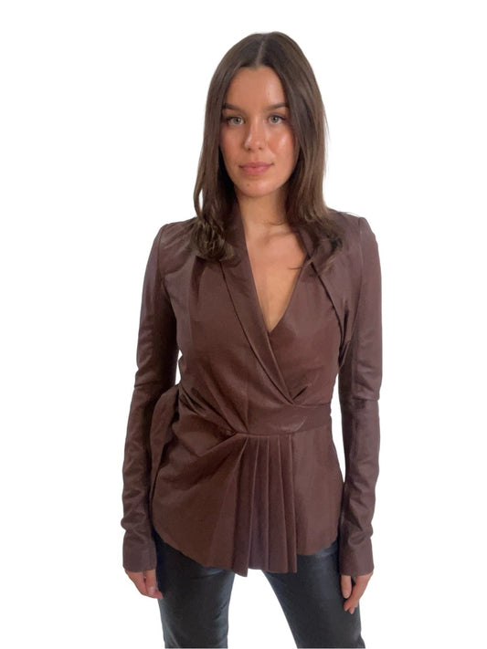 Rick Owens Brown Leather Wrap Jacket. Size: 40