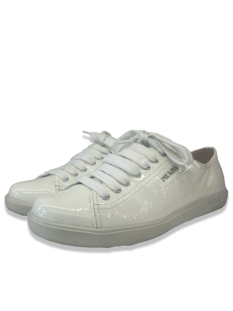 Prada White 'Calzature Donna' Patent Leather Sneaker. Size: 38