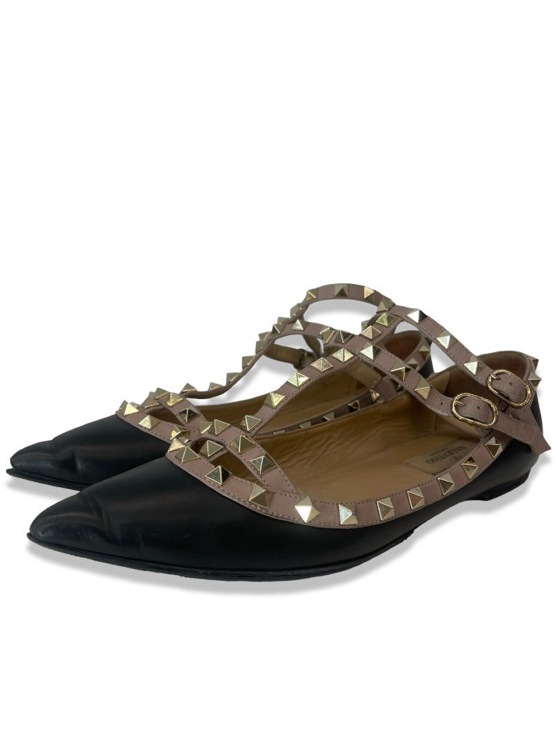 Valentino Garavani Black Ballerina Studded Cage Flats. Size: 37