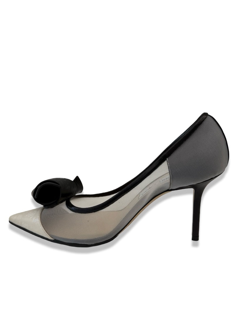 Jimmy Choo Grey/Black 'Mesh Logo Leather Bow Heels. Size: 40