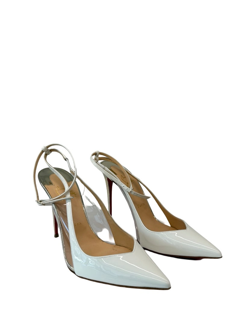 Christian Louboutin White Patent Leather Sling Back Heel. Size: 39