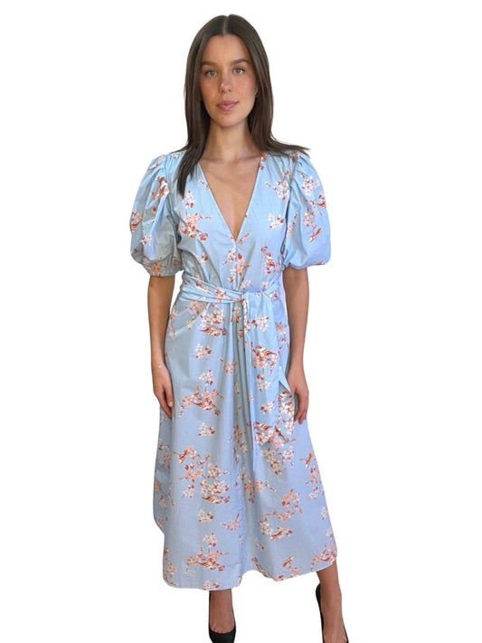 Scanlan Theodore Blue V-Neck Flower Pattern Wrap Dress. Size: 8