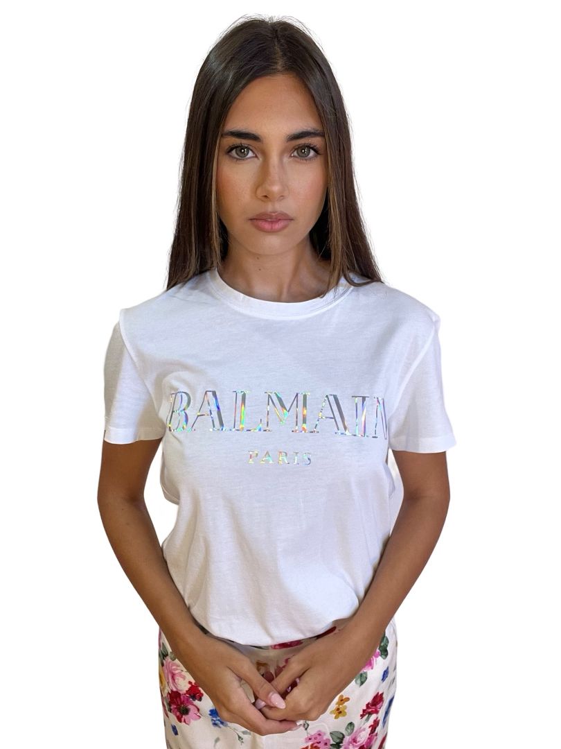 Balmain White Iridescent Logo T Shirt. Size: S