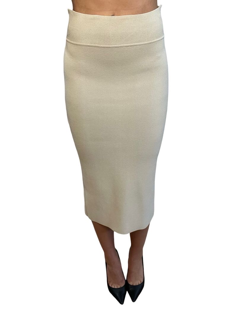 Scanlan Theodore Beige Crepe Knit Skirt W Back Slit. Size: S