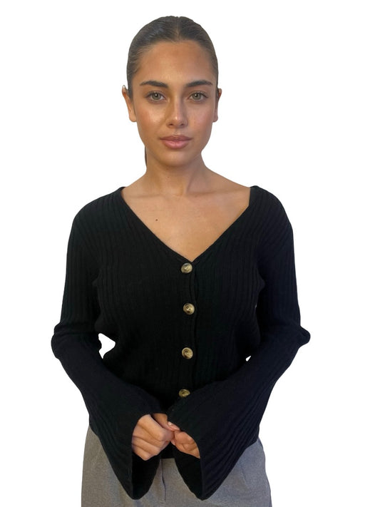 By Malene Birger Black Wool Rib Knit Top w/ Flare Sleeves. Size: XS
