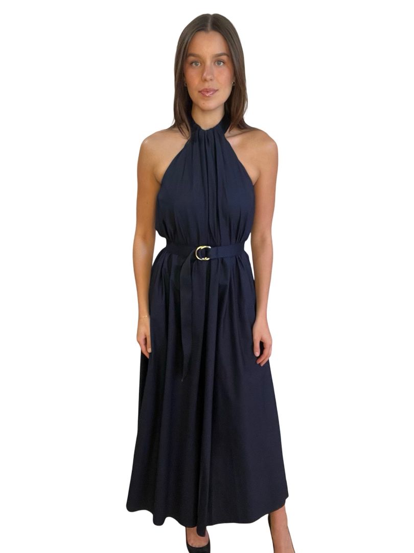 Scanlan Theodore Navy Halter Neck Maxi w Gold Ring Belt. Size: 6
