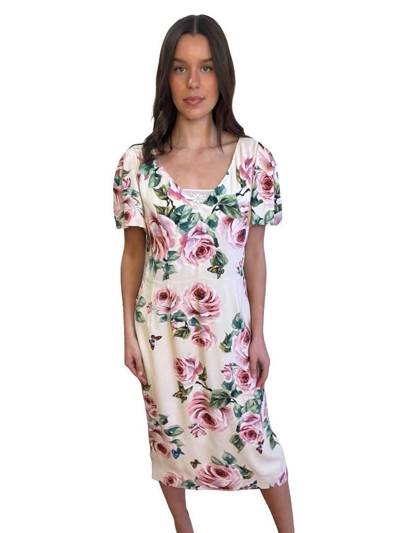 Dolce & Gabbana Salmon Floral V Neck Floral Dress. Size: 50