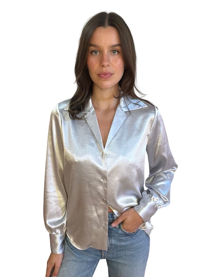 Anine Bing Silver Mylah Satin Shirt. Size: XS