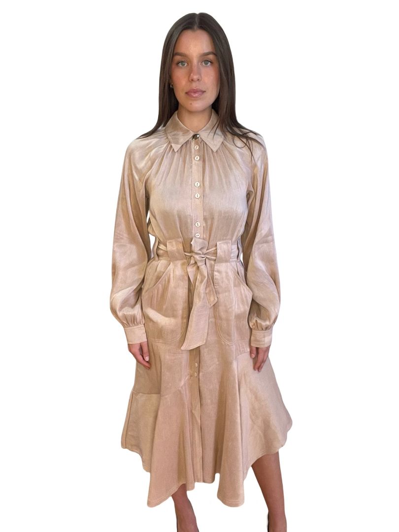 Aje Beige Silk & Linen Blend Flared Button Dress. Size: 8