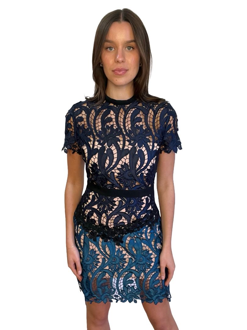 Self Portrait Navy/ Teal Prairie Mini Dress. Size: 10