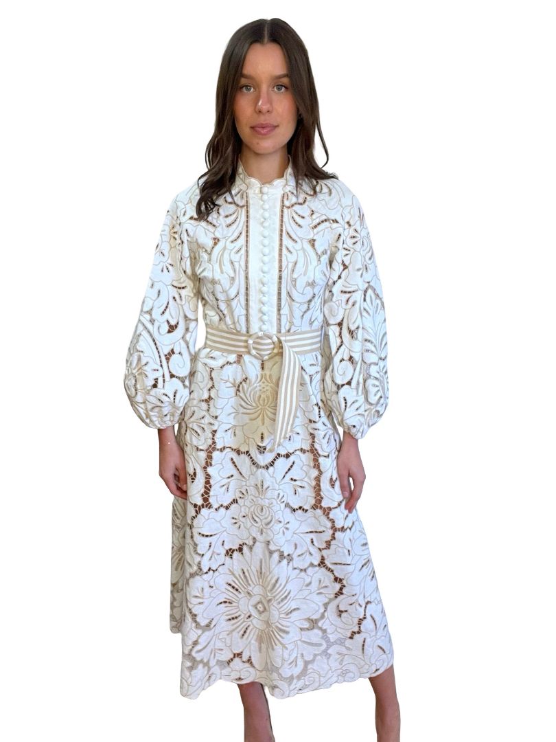 Zimmermann White "Edie Embroidery' Linen Dress W Belt. Size: 1