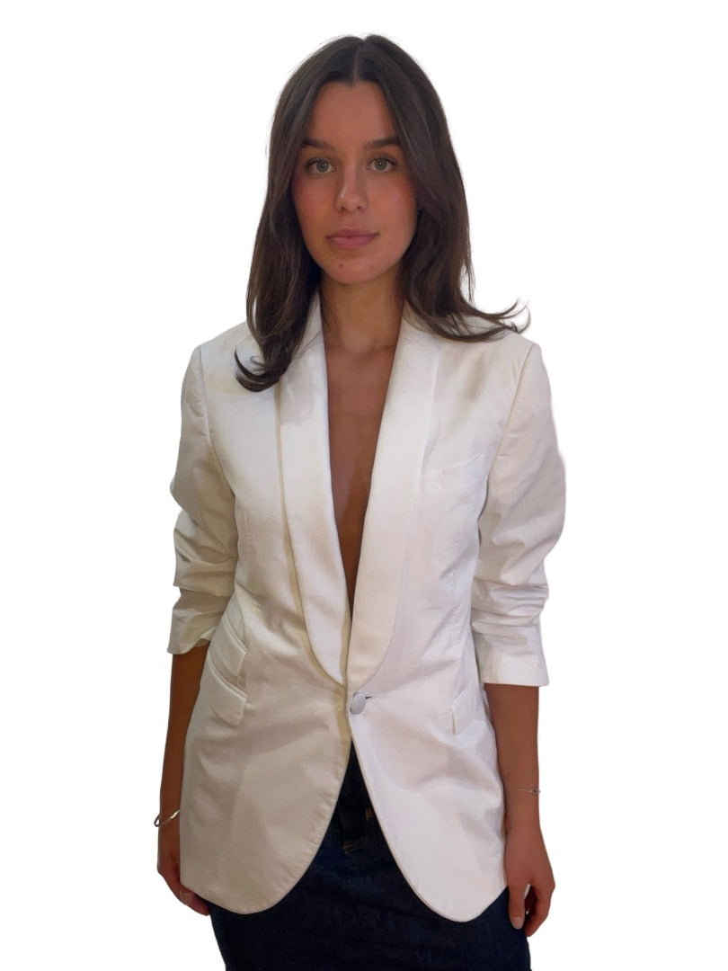 Neil Barrett White Cotton Blend Tuxedo Blazer. Size: 48