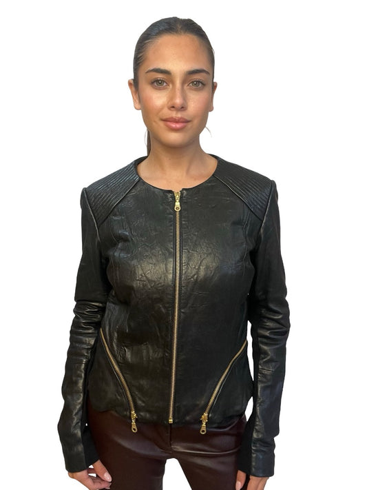 Husk Black Crewneck Leather Jacket. Size: 10