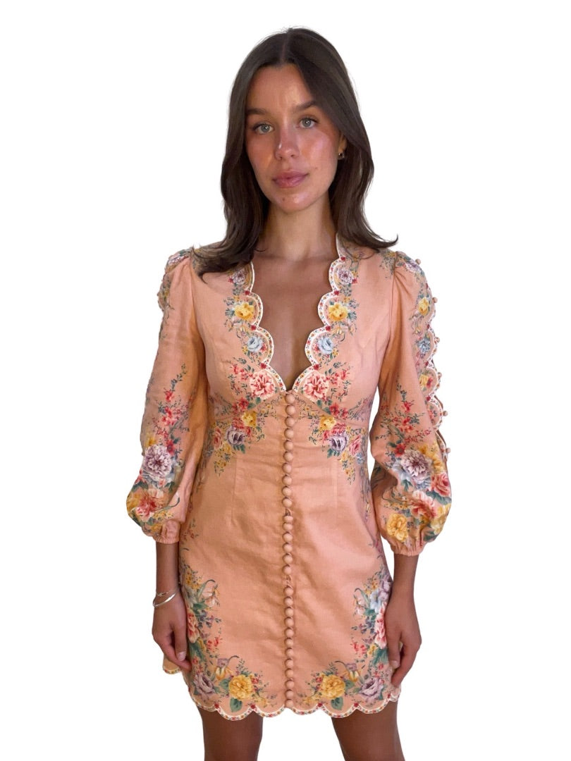 Zimmermann Blush Orange Floral Full Sleeve V-Neck Dress. Size: 1