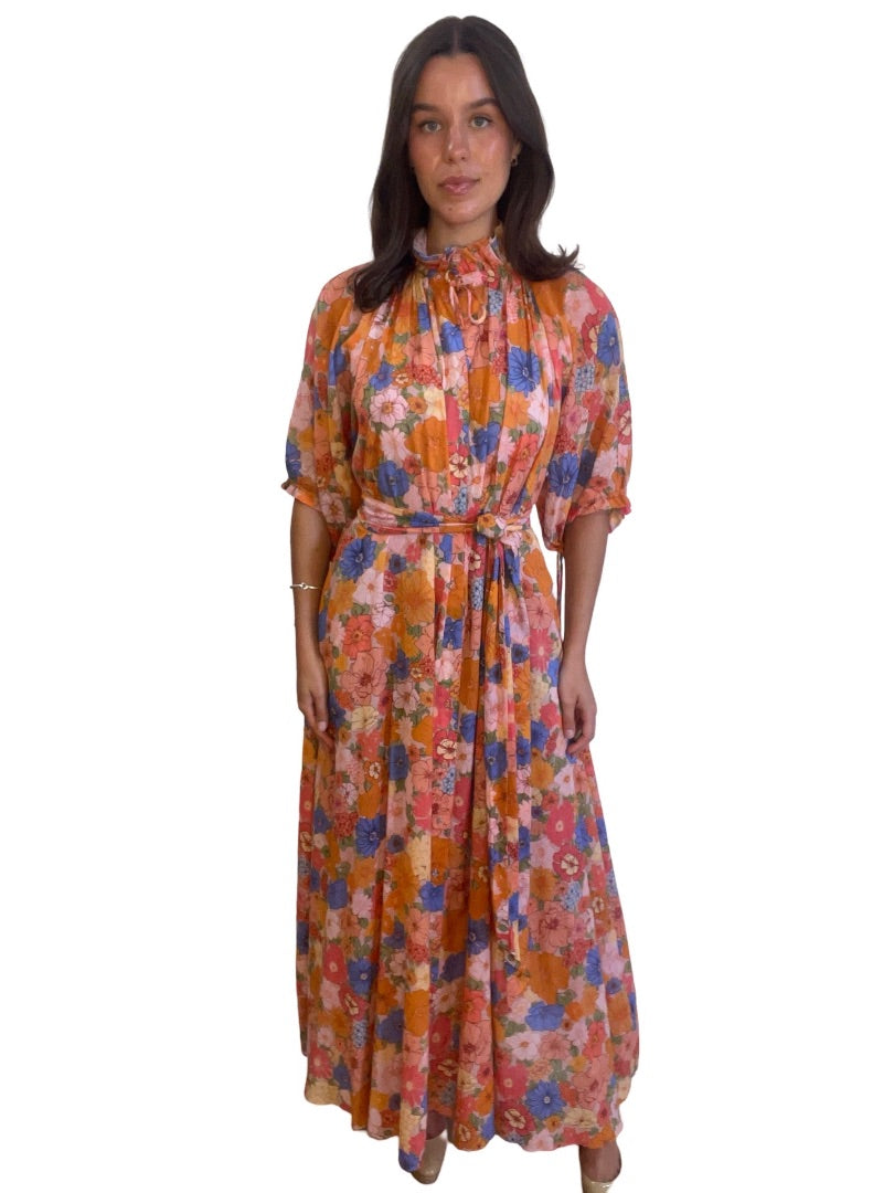 Husk Multi-colour Floral Print Dress w/ Drawstring Sleeves. Size: M