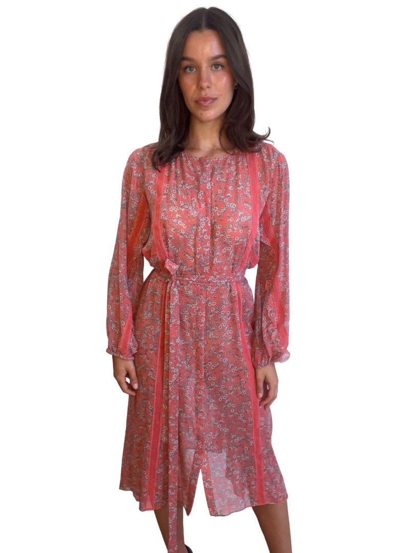 Scanlan Theodore Coral Floral Print Sheer Dress. Size: 12
