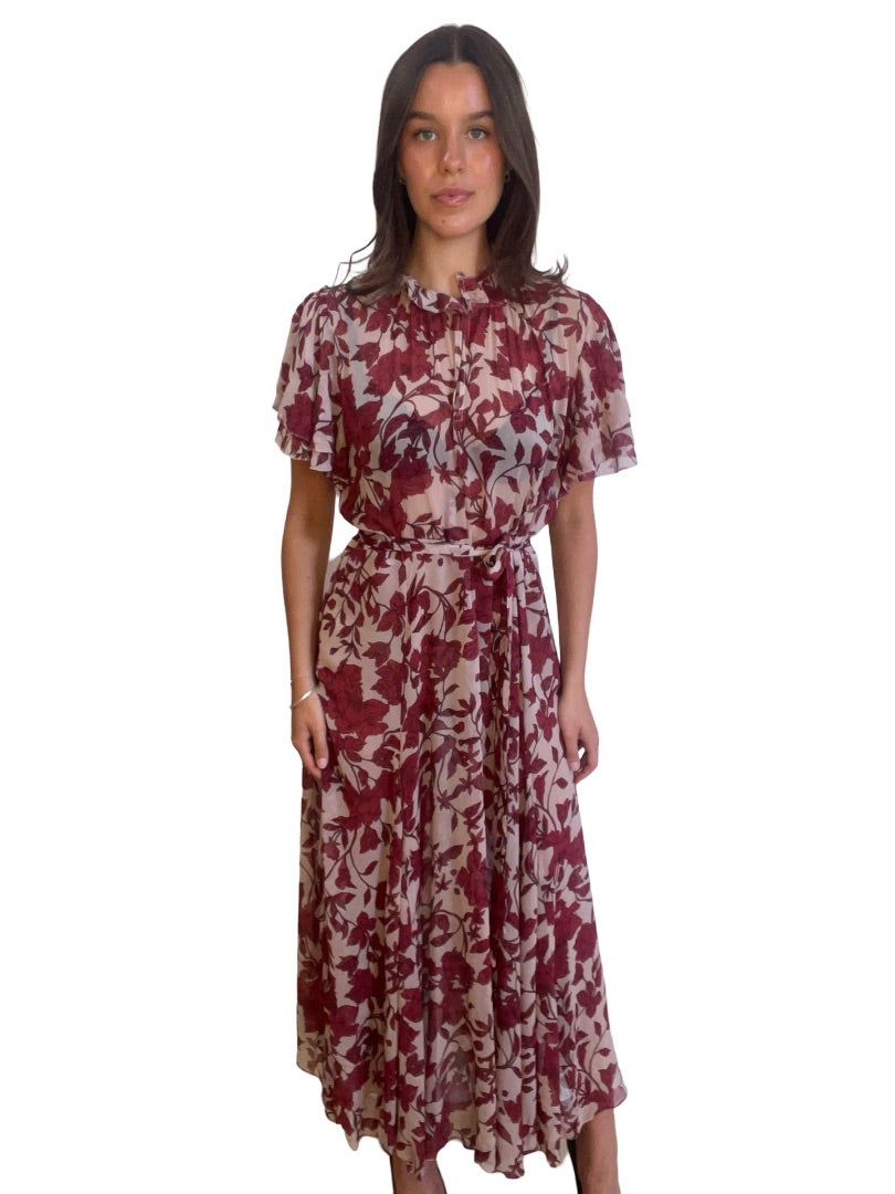 Husk Maroon / Beige Frill Sleeve Sheer Floral Dress. Size: 14