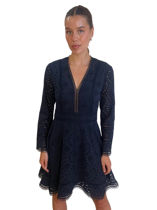 Reiss Navy Long Sleeve Eyelet Dress. Size: 10