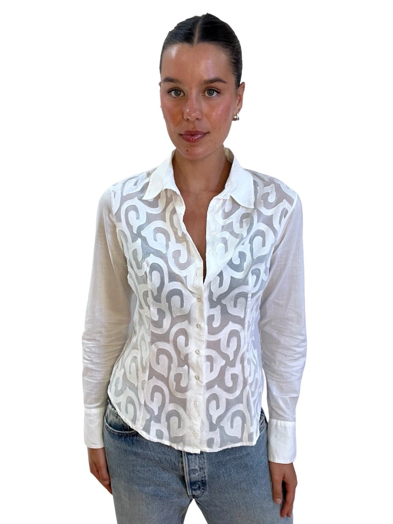 Anne Fontaine White Sheer Printed Shirt. Size: 42