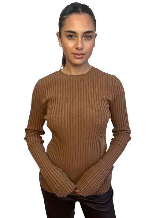 Anine Bing Tan Rib Knit Long Sleeve. Size: S