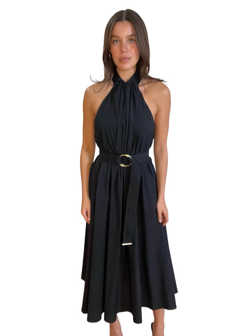 Scanlan Theodore Black Halter Neck Maxi w Ring Belt. Size: 8