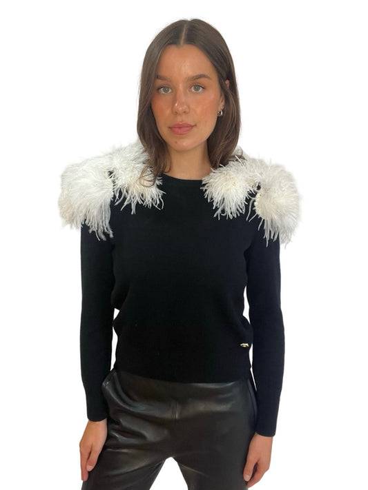 Chanel Black Feather Shoulder Applique Jumper w Button Detail. Size: 38