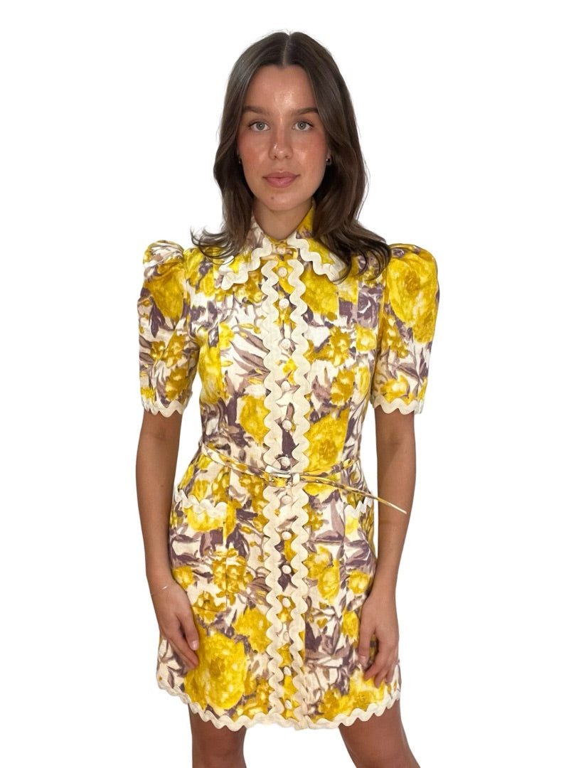 Zimmermann Yellow Print Short Sleeve Dress. Size: 2